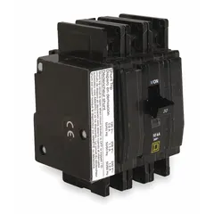 Three-pole miniature circuit breaker rated 15 A at 120/240V AC, three-phase, with a maximum interrupting rating of 10 kA at 120/240V AC. Suitable for overcurrent protection in air conditioning and refrigeration equipment. Unit-mount design for panelboard installation.