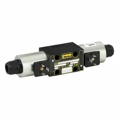 This solenoid-operated directional control valve is a D03 NFPA size, three-position unit rated for 24V DC. It is used to direct hydraulic fluid flow in industrial machinery, such as in manufacturing and material handling equipment, where precise control of actuator direction is required.