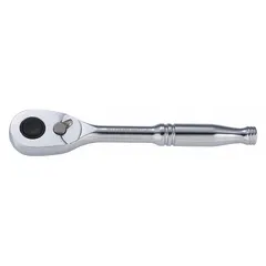 This standard-head ratchet features a reversible pear-shaped head with a chrome finish. Its 5-inch overall length and 4.3° minimum arc swing allow use in confined spaces. Suitable for tightening and loosening fasteners in automotive repair, machinery maintenance, and general assembly.