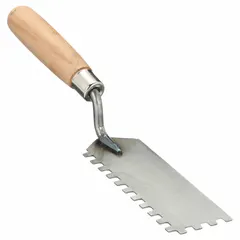 This margin trowel features a square steel blade and a straight wood handle. It is used for applying adhesive in tile and masonry work, allowing precise spreading of thin-set mortar or mastic in tight corners and along edges.