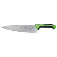 This 10-inch chef's knife features a stamped steel blade with a sharp edge and a green Santoprene/polypropylene handle. It is NSF certified. Suitable for chopping, slicing, and dicing in professional and home kitchens
