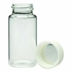 This 20 mL colorless glass scintillation vial has a round bottom and self-standing design. It includes a polypropylene screw closure with 22-400 mm thread. Suitable for liquid scintillation counting and sample storage in laboratory settings.