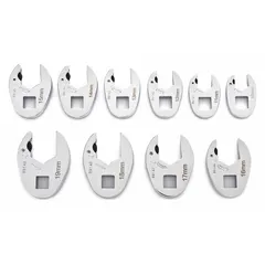 This 10-piece metric ratcheting open end crowfoot wrench set features a chrome finish and 6-point design. With a 3/8 in drive size, it covers sizes from 10 mm to 19 mm. The ratcheting mechanism allows fast engagement on fasteners in confined spaces, suitable for automotive, hydraulic, and industrial maintenance tasks.