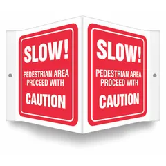 This V-shape projection sign alerts personnel to slow down in pedestrian areas. Made of PETG with a nominal size of 6 in x 8 1/2 in and 0.06 in thickness. Features mounting holes for installation. Not retroreflective, not glow-in-the-dark, and has no anti-slip surface.