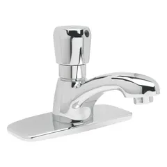 Single-post push-button metering bathroom faucet constructed of brass with a chrome finish. Includes integral shank filter and provides a 0.5 gpm spray flow. Suitable for commercial restroom applications requiring water conservation.
