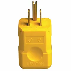 This LEVITON hinged plug features a NEMA 5-15P configuration rated 125V AC and 15A. The yellow nylon housing and hinged body allow tool-less cord termination. It is used for terminating portable cords on equipment, tools, and machinery requiring a standard straight blade connection.