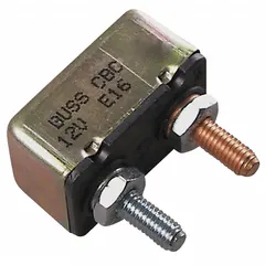 The BUSSMANN CBC-20 is a heavy duty circuit breaker with a stud terminal connection, rated for 14V DC and an interrupt rating of 1.5 kA at 14V DC. It provides overcurrent protection for automotive electrical systems, suitable for applications such as trucks, buses, RVs, and off-road vehicles where secure high-current connections are required.