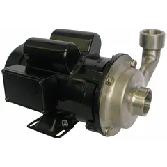 This centrifugal pump features a 316 stainless steel housing and impeller for chemical resistance. It is powered by a 1 hp single-phase motor with a totally enclosed fan-cooled enclosure, operating at 115/230V AC. The pump has NPT connections and is suited for transferring corrosive fluids in industrial processing, chemical handling, and water treatment applications.