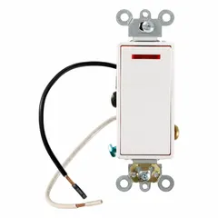 This Leviton rocker switch is a 3-way maintained type, rated 120V AC and 20 A. It features a white finish and is non-illuminated. Commonly used in residential and commercial lighting circuits to control a single load from two locations, such as hallways or staircases.