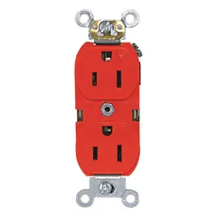 Duplex general-purpose receptacle rated 125V AC and 15 A with a 5-15 configuration, 2-pole/3-wire grounding. Isolated-ground design reduces electrical noise interference for sensitive electronics. Red housing identifies circuits for critical loads in commercial and industrial settings.