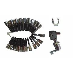 Lock and key set for securing power tools and equipment. Includes one lock and matching key. Commonly used in maintenance and workshop settings to prevent unauthorized use.
