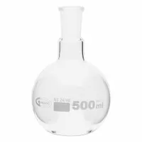 This 500 mL round boiling flask is made from colorless glass meeting USP Type I specifications. It features a 24/40 ground glass joint for stopper compatibility, suitable for heating and boiling liquids in laboratory procedures such as distillation and chemical synthesis