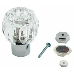 Plastic knob handle with chrome finish for Powers e420 Series faucets. Controls hot and cold water temperature. Includes washer for installation. Suitable for replacement in commercial or institutional washroom settings.