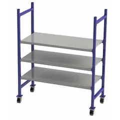 This flat solid-deck bolted mobile flow rack is constructed with steel decking. It measures 60 inches by 28 inches by 72 inches and includes three shelves. Used for gravity-fed material flow in lean manufacturing and assembly-line parts presentation.