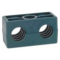This beta clamp consists of a steel outer clamp and a polypropylene cushion with a textured core, designed to secure and dampen vibration for two parallel lines. The ribbed bore enhances grip and reduces noise in hydraulic, pneumatic, and process piping systems