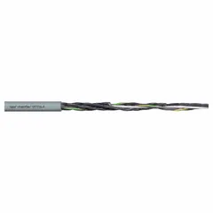 Continuous flexing control cable with 3 copper conductors (17 AWG), PUR jacket, and integrated ground conductor. Rated 1000 V, oil and grease resistant, and compliant with IEC 60332-1-2. Suitable for fixed, flexible, and e-chain applications with minimum bend radius factors of 4x, 5x, and 6.8x outer diameter respectively.