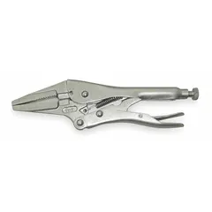 Long-nose locking pliers with a quick-release mechanism for one-handed operation. Features a 1 1/2 in maximum jaw opening, 4 in overall length, and 1 7/16 in jaw length. Suitable for gripping, clamping, and turning small parts in confined spaces.