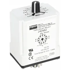 This socket-mounted time delay relay from Dayton operates on 12V DC and is rated for 10 A. It features an off-delay function and has 11 pins/terminals for connection to a compatible socket. Typical applications include sequencing shutdowns or preventing rapid restarts in industrial control circuits such as conveyors, HVAC equipment, and motor controls.
