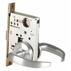 This passage lever lockset (ANSI F01) is designed for interior doors that do not require locking, such as hallways, closets, or restrooms. It features a satin chromium-plated stainless steel finish, ADA-compliant lever, and interchangeable core. The 40H style provides push-pull operation without a key or latch.
