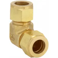 This PARKER double-ferrule brass compression fitting elbow connects two tubes of 1/4 in OD at a 90-degree angle. It features a Compression x Compression configuration and is made of brass. The double-ferrule design provides a leak-tight seal, suitable for fluid or gas systems in instrumentation, hydraulic, and pneumatic lines