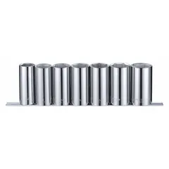 This 7-piece socket set includes deep SAE sockets with a 1/2 in drive and 6-point design, covering sizes from 1-3/8 in to 1 in. The sockets are tether ready for fall protection in elevated work. Suitable for fastening and loosening bolts and nuts in automotive repair, industrial maintenance, and mechanical assembly.