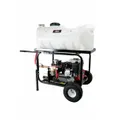 This electric hydrostatic test pump is enclosed in a mobile roll cage for portability and protection. It features a triple-diaphragm design, delivers 10 gpm, and includes a tank for fluid supply. Used for pressure testing pipelines, valves, and pressure vessels in industrial and municipal water systems.