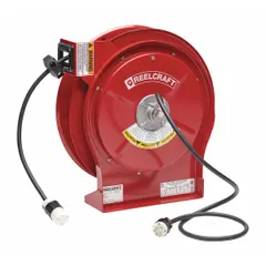 Self-retracting cord reel with ratchet lock mechanism for adjustable cord length. Includes 50 ft of 12 AWG SJEOOW cable. Both feeder and retractable cord ends are NEMA 5-20P. Suitable for managing power cords in workshops and maintenance areas.
