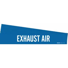 Blue adhesive pipe marker with white 'Exhaust Air' legend, designed for pipes with outer diameters from 2-1/2 to 7-7/8 inches. Each pack contains 5 markers without directional arrows. Used to identify exhaust air piping in industrial and commercial facilities.