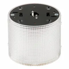 Multimode light module for visual indication in industrial environments. Operates at 120V AC with a clear lens. Supports both flashing and steady modes. Overall diameter 3 15/16 inches. Compatible with LSL series.