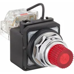 Red LED pilot light with 30 mm panel mounting size. Rated for 120 V AC supply voltage. Includes push-to-test function for verifying lamp operation without removal. Used in industrial control panels to indicate equipment status such as power-on or fault conditions.