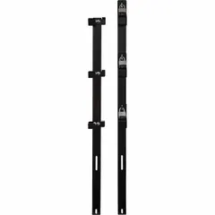 Trailer frame-mount tool holder for securing trimmers during transport. Features three locking positions for organized storage. Overall height 45 1/4 inches. Suitable for mounting on trailer frames to prevent tool movement while traveling.