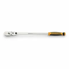 This flex-head ratchet features a reversible mechanism and full polish chrome finish. With an overall length of 15 1/2 inches, it is suited for turning fasteners in confined or angled spaces common in automotive and mechanical work.