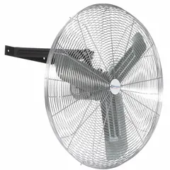 Standard industrial wall-mount fan with 30-inch blade diameter. Operates on 115V AC with a 1/4 hp motor and three speeds. Non-oscillating design for fixed-position air circulation in warehouses, factories, and workshops. Mounts via bracket system.