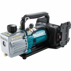 Two-stage vacuum pump for refrigerant evacuation in HVAC and refrigeration systems. Operates on 18V DC power, achieves 22.5 micron ultimate vacuum, and features NPT connection.