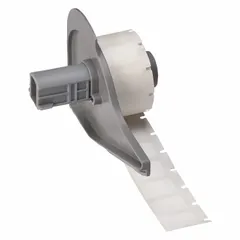 Vinyl wraparound label, black on white, measuring 3/4 in x 1/2 in. Designed for permanent identification of wires and cables from 16 AWG to 10 AWG. Compatible with BMP71 printer series; requires M7-R6200 ribbon. Used in electrical installations, control panels, and maintenance tasks.