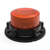 Round amber LED flashing beacon with 20 selectable flash patterns. Operates on 10-30V DC and includes a gasket for weather resistance. Bolt mount type with blunt cut wires for electrical connection. SAE Class 1 rated for high-visibility warning applications on service trucks, tow trucks, and construction equipment