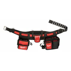 This padded tool belt from MILWAUKEE is designed for electricians, with a waist size range of 30 to 53 inches. It features 29 pockets for carrying tools and accessories on the job site, keeping essential items within reach. The belt is black and includes padding for comfort during extended use.