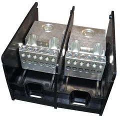Open-style power distribution block with aluminum lugs for surface mounting. Accepts line-side wire sizes from 4 AWG to 500 kcmil. Used to distribute power from a single incoming cable to multiple circuits in industrial electrical panels and switchgear.
