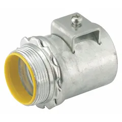Steel straight saddle-style connector for terminating flexible metal conduit. Insulated design provides a secure straight connection. cULus Listed. Suitable for industrial wiring systems where a straight conduit entry is required.