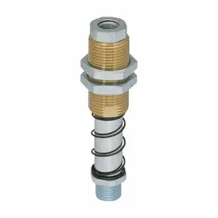Rotating vacuum buffer with 25 mm stroke length. Connections: G1/4 in male and G1/8 in female. Used in automated handling systems to absorb shock and maintain vacuum levels during pick-and-place operations.