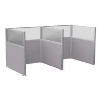 This modular cubicle wall system comprises five fabric panels in Cloud Gray with fluted polycarbonate windows. The panels are 72 inches in overall height and width, suitable for creating partitioned workstations in open-plan office environments