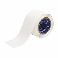 Thermal transfer precut label roll with rubber, removable adhesive for temporary identification without residue. Each label measures 1/4 in x 3/4 in, supplied in a roll of 10,000 labels. Compatible with i7100 printer series. Suitable for labeling equipment, bins, or assets in industrial environments