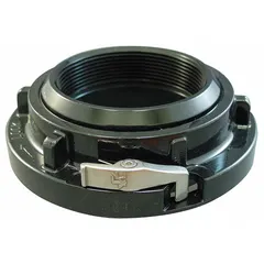 This aluminum rigid adapter connects a 2-1/2 in NH fire hose to a 5 in Storz fitting. Straight configuration for direct transitions on hydrants or standpipes. Used in municipal firefighting and industrial fire-suppression systems.