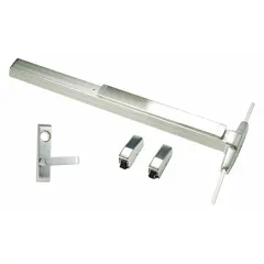 This surface vertical rod push bar from VON DUPRIN is constructed of aluminum and features a touchbar with lever trim. It is designed for doors up to 3 ft wide and provides surface-mounted vertical rod latching for secure egress. The right-hand reverse (RHR) configuration ensures proper installation orientation.