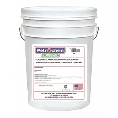 PETROCHEM FS AMMONIA COMPRESSOR FG-68-005 is a 5-gallon pail of air compressor oil with SAE grade 20, ISO viscosity grade 68, and a viscosity index of 198. It is formulated for use in ammonia compressors and other rotary equipment requiring a high viscosity index lubricant. Typical applications include industrial refrigeration and HVAC systems.