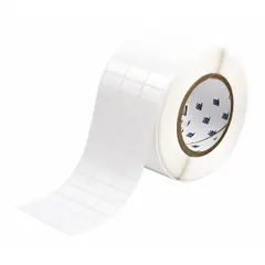 Thermal transfer precut label roll measuring 1/2 in x 1 in. Features a rubber, aggressive adhesive for permanent bonding to challenging surfaces. Halogen-free material suitable for applications requiring low toxicity. Compatible with THT printer series for industrial identification and asset tagging.