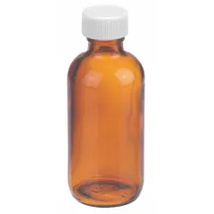 Amber narrow mouth round glass lab bottle with 60 mL capacity. Made from Type III soda lime glass with a 20-400 mm neck finish. Supplied without closure. Suitable for storing light-sensitive chemicals, reagents, and samples in laboratory settings.