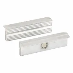 Aluminum magnetic vise jaw caps for 4-inch vise jaws. Protect workpiece surfaces from marring during clamping. Magnetic backing allows quick attachment to any vise type. Suitable for metalworking, assembly, and maintenance tasks requiring non-marring grip.
