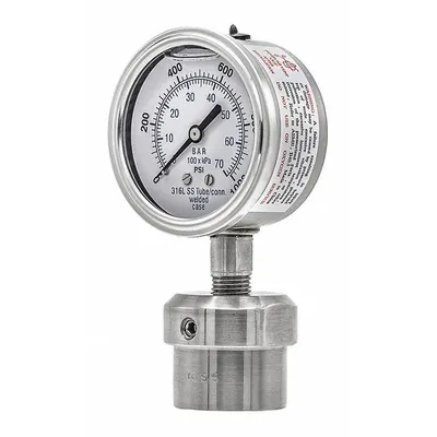 PIC GAUGES Pressure Gauge with Diaphragm Seal: 0 psi to 1,000 psi, 301L/0JJJ, 2 1/2 in Dial - Dial Pressure Gauges with 316 SS Female-Threaded Mini-Seal