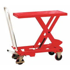 This manual scissor-lift table from Dayton features a steel platform measuring 32 1/2 inches long by 19 1/2 inches wide, with a maximum lifting height of 36 inches. It is used in industrial workstations, assembly lines, and warehouses for positioning loads at ergonomic working heights.